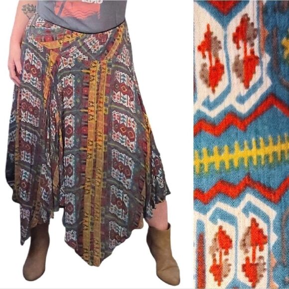 Y2K Colorful Printed Pull On Fairycore Boho Grunge Handkerchief Skirt Large - Picture 8 of 16